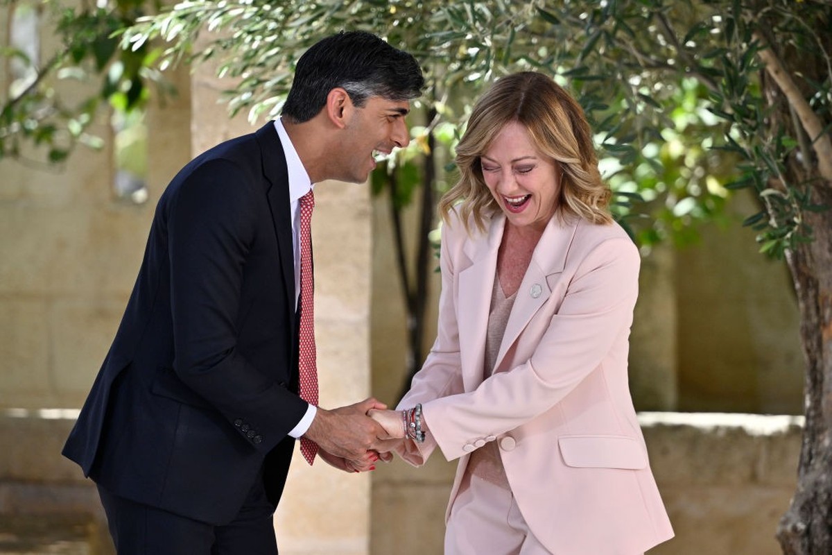 FASANO, ITALY - JUNE 13: Italy's Prime Minister Giorgi Meloni greets President of France Emmanuel Macron during the first day of the G7 meeting at Borgo Egnazia resort, on June 13, 2024 in Fasano ...