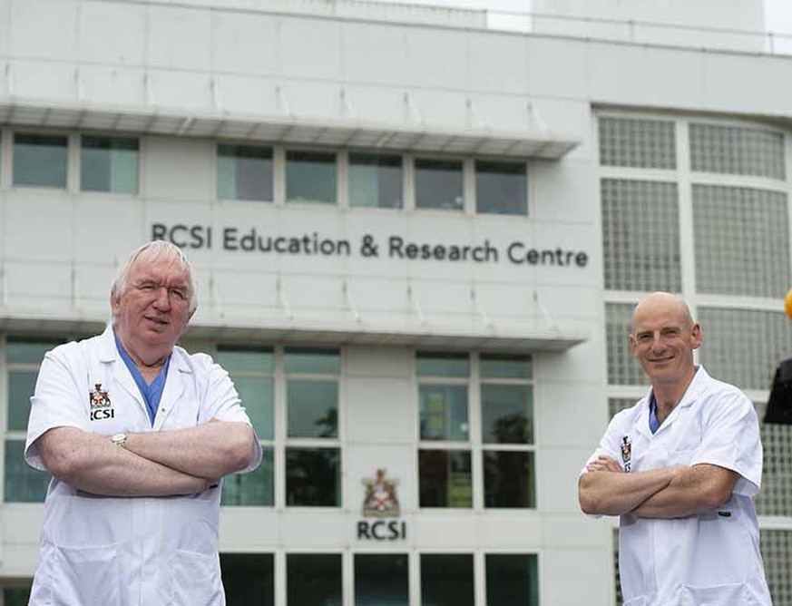 Professor Gerry McElvaney (left), the study’s senior author and a consultant in Beaumont Hospital, and Professor Ger Curley (right) stand in front of the RCSI Education and Research Centre in Beaumont ...