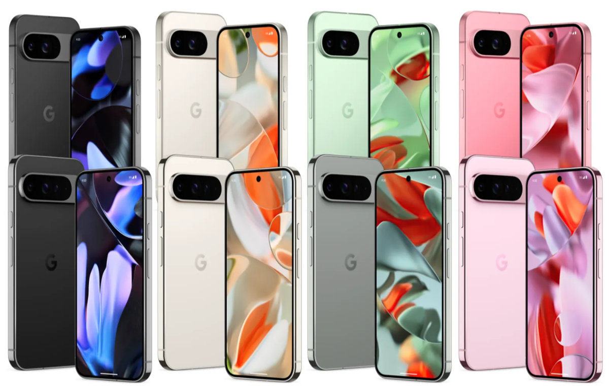 Das Pixel 9 (obere Reihe) gibt es in den Farben Schwarz, Weiss, Hellgrün und Rosa, das Pixel 9 Pro XL (untere Reihe) ist in Schwarz, Weiss, Grau und Rosa erhältlich.