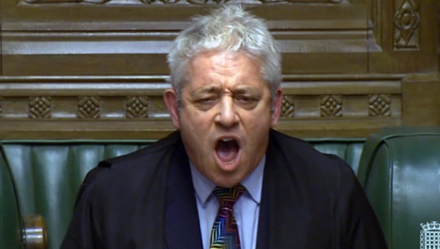 epa07287721 A handout video-grabbed still image from a video made available by UK parliament&#039;s parliamentary recording unit showing parliament speaker John Bercow shouting orders after the Brexit ...