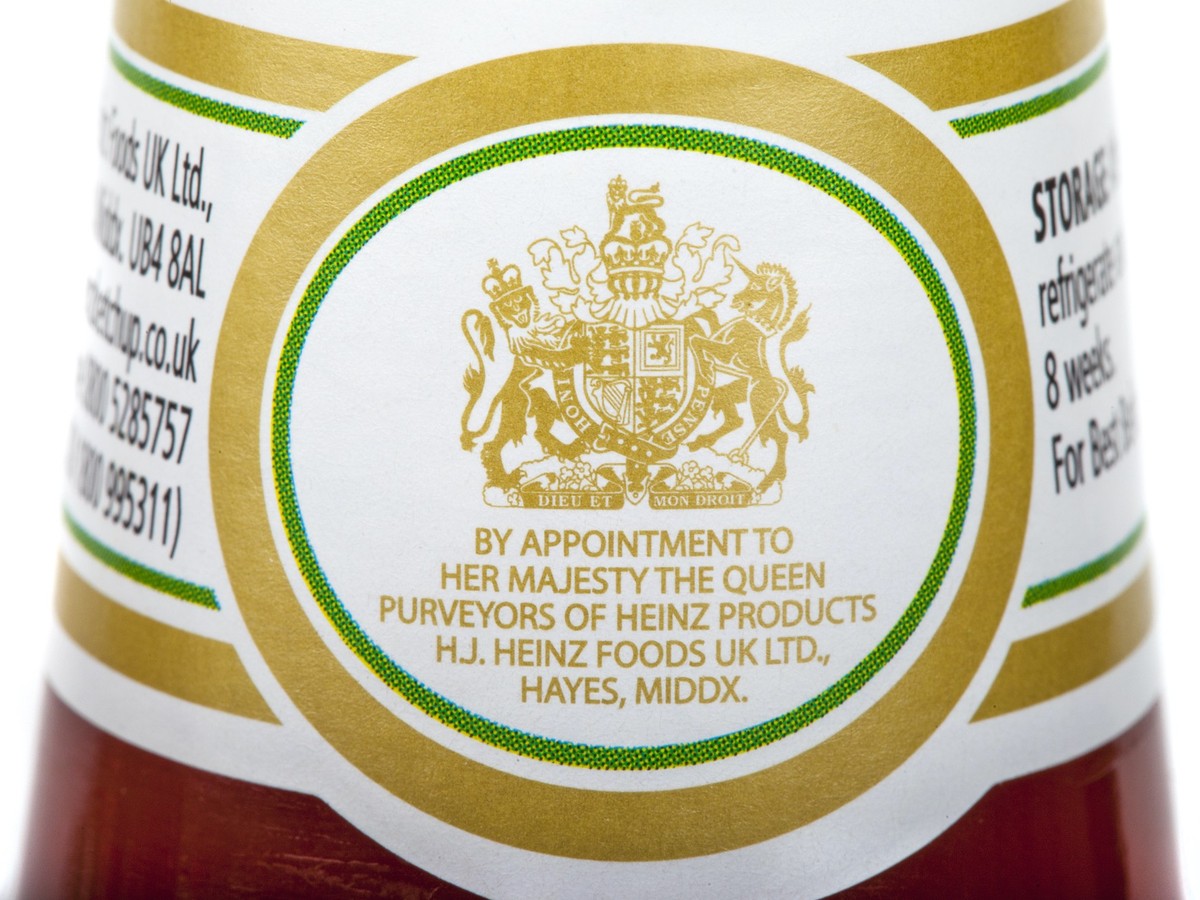 LONDON, UK - MAY 6TH 2016: The Royal Warrant of Appointment on a jar of Heinz Ketchup, on 6th May 2016. Businesses who supply goods or services to Royal personages are allowed to display this crest.