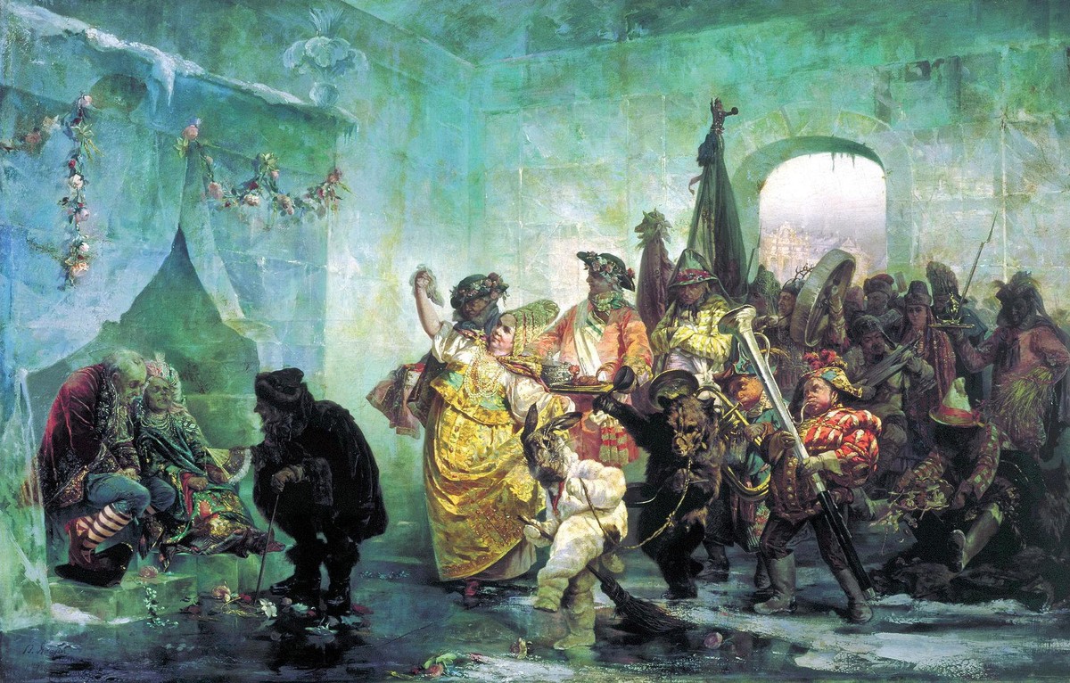 Links sitzt das frierende Zwergen-Ehepaar auf seinem Eisthron, die herumalbernde Frau im goldenen Kleid ist Zarin Anna. Das Gemälde stammt von Valery Jacobi, 1878.