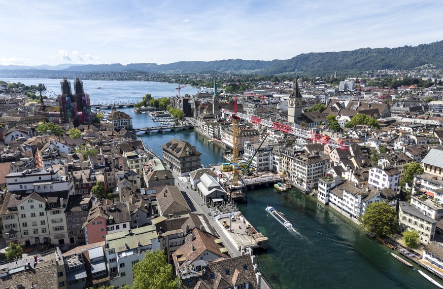 Luftaufnahme der Baustelle der Stadt Zuerich zur Sarnierung der Rathaussbruecke anlaesslich einer Medienfuehrung am Donnerstag, 21. Mai 2026 in Zuerich. (KEYSTONE/Claudio Thoma)
