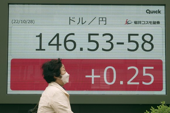 A person wearing a protective mask rides a bicycle in front of an electronic stock board showing Japanese yen/U.S. dollar conversion rate at a securities firm Friday, Oct. 28, 2022, in Tokyo. Inflatio ...