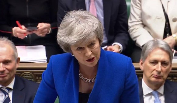 epa07289407 A handout video-grabbed still image from a video made available by UK parliament&#039;s parliamentary recording unit showing British Prime Minister Theresa May during a Prime Ministers Que ...