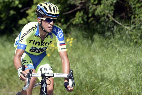 Tinkoff-Saxo rider Alberto Contador of Spain compete during the 150 km ( 93 miles) fourth stage of the 98th Giro d&#039;Italia ( Tour of Italy ) cycling race from Chiavari to La Spezia, Italy, May 12, ...