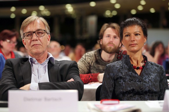 epa04790825 (FILE) A file photo dated 07 June 2015 of Dietmar Bartsch (L) and Sahra Wagenknecht (R), delegates of the German &#039;Die Linke&#039; party (lit. The Left), at the party&#039;s convention ...