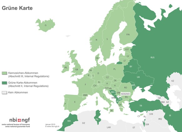 In den dunkelgrünen Staaten ist eine grüne Versicherungskarte Pflicht. 