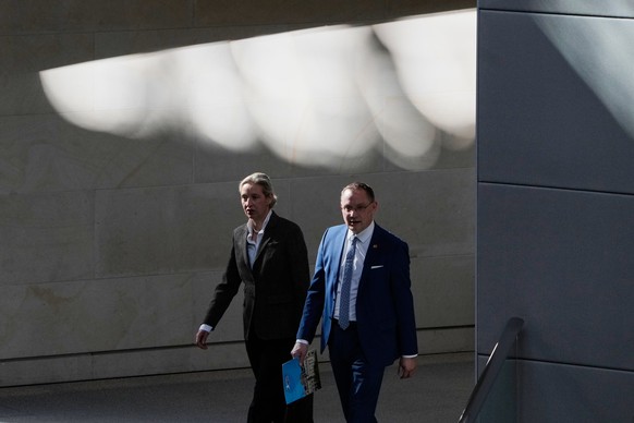 FILE - AfD Co-leaders Alice Weidel, left, and Tino Chrupalla attend a session of the German parliament in Berlin, Germany, March 18, 2026. (AP Photo/Markus Schreiber, File)
Alice Weidel,Tino Chrupalla