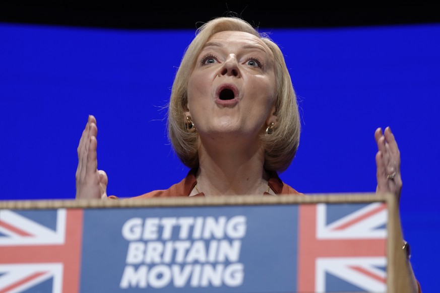 FILE - Britain&#039;s Prime Minister Liz Truss makes a speech at the Conservative Party conference at the ICC in Birmingham, England, Wednesday, Oct. 5, 2022. Truss has only been in office for six wee ...