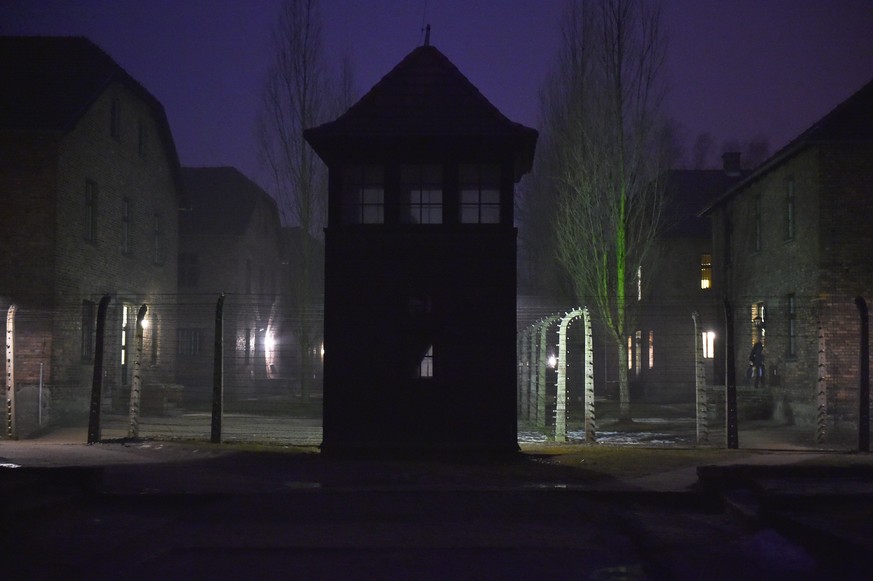 epa06479157 A part of former Nazi-German concentration and death camp KL Auschwitz-Birkenau during the ceremonies marking the 73rd anniversary of its liberation in Oswiecim, Poland, 27 January 2018. T ...