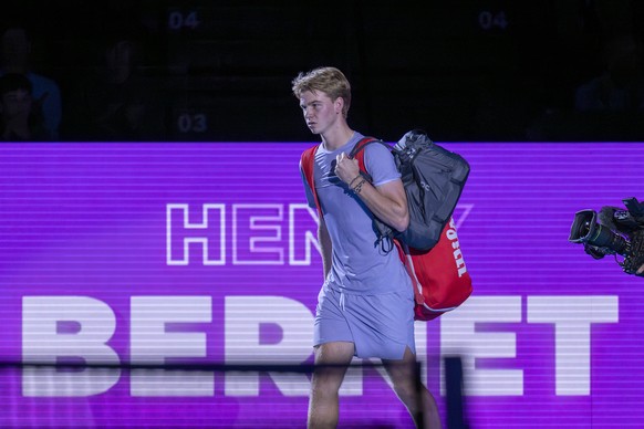 Switzerland's Henry Bernet prior to his first round match against Czech Republic's Jakub Mensik at the Swiss Indoors tennis tournament at the St. Jakobshalle in Basel, Switzerland, on Monday ...