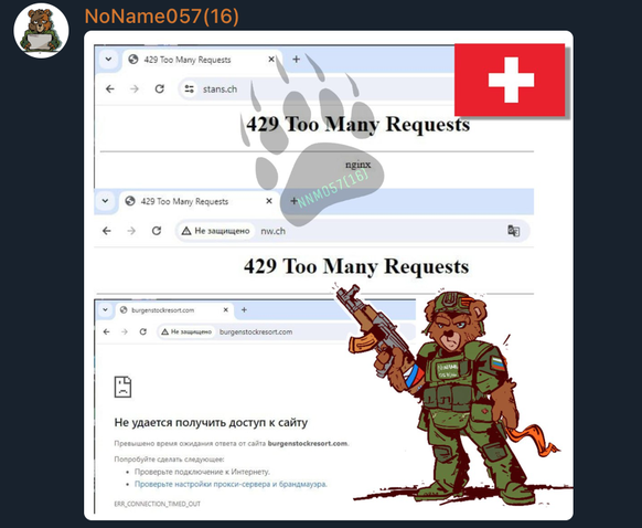 Mitteilung von «NoName057(16)» bei Telegram zu DDoS-Attacken gegen Ziele in der Schweiz.