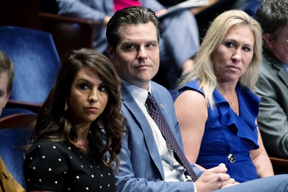 FILE - From left, Rep. Lauren Boebert, R-Colo., Rep. Matt Gaetz, R-Fla., and Rep. Marjorie Taylor Greene, R-Ga., attend the House Judiciary Committee oversight hearing of the United States Department  ...