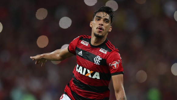 epa06715960 Flamengo&#039;s Lucas Paqueta celebrates after scoring a goal against the Internacional de Porto Alegre during their Brazilian Championship match between Flamengo and Internacional de Port ...