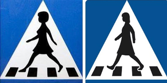 Das linke Verkehrsschild wurde später durch das rechte ersetzt, da der Rock zu kurz und die Brüste zu gross waren.