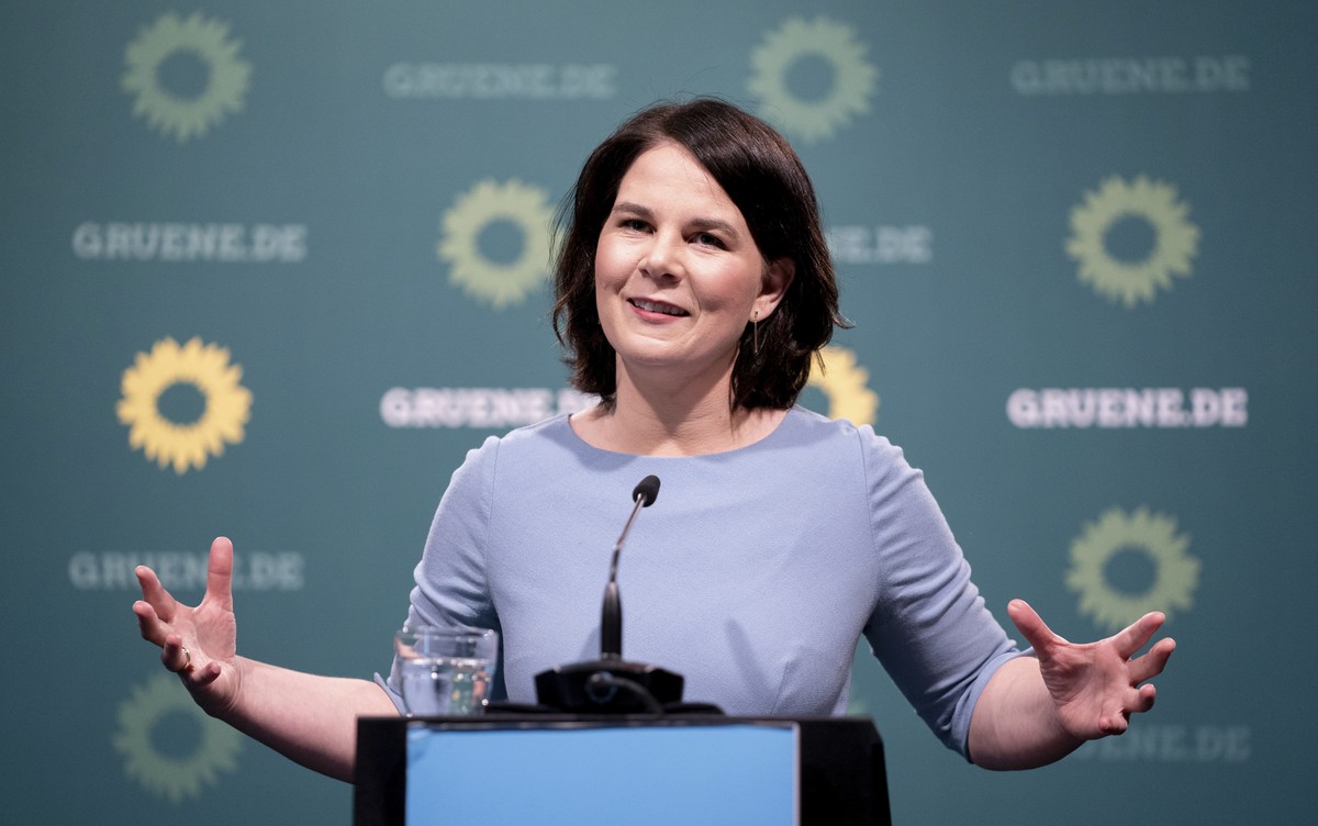 Annalena Baerbock, the German Green Party's candidate for chancellor, addresses the media during a press conference in Berlin, Germany, Monday, May 17, 2021. (Kay Nietfeld/dpa via AP)