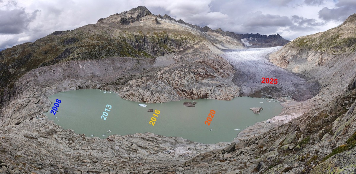Gletscher Gletscherschmelze Schweiz 2025
Der See vor dem Rhonegletscher (VS) wächst durch den Rückgang rapide an.