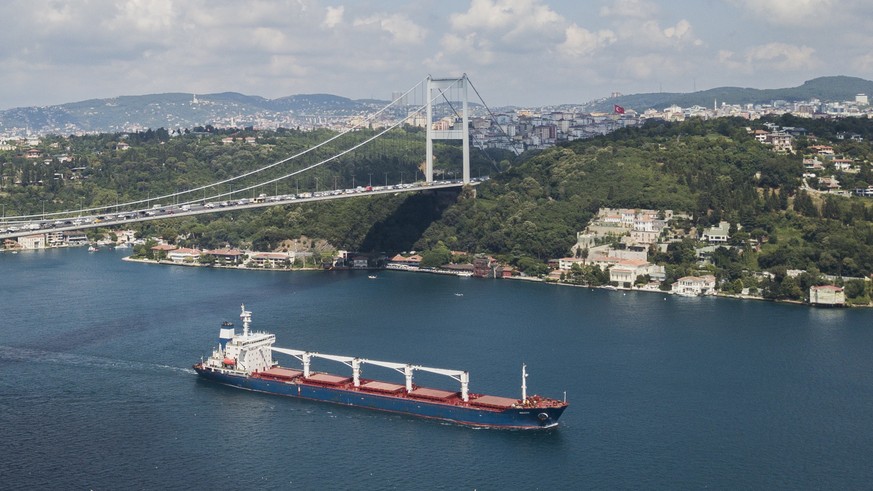 epaselect epa10104043 An aerial picture taken by drone shows Sierra Leone-flagged cargo ship Razoni that left the port of Odessa with the first grain shipment for export, sails under Fatih Sultan Mehm ...