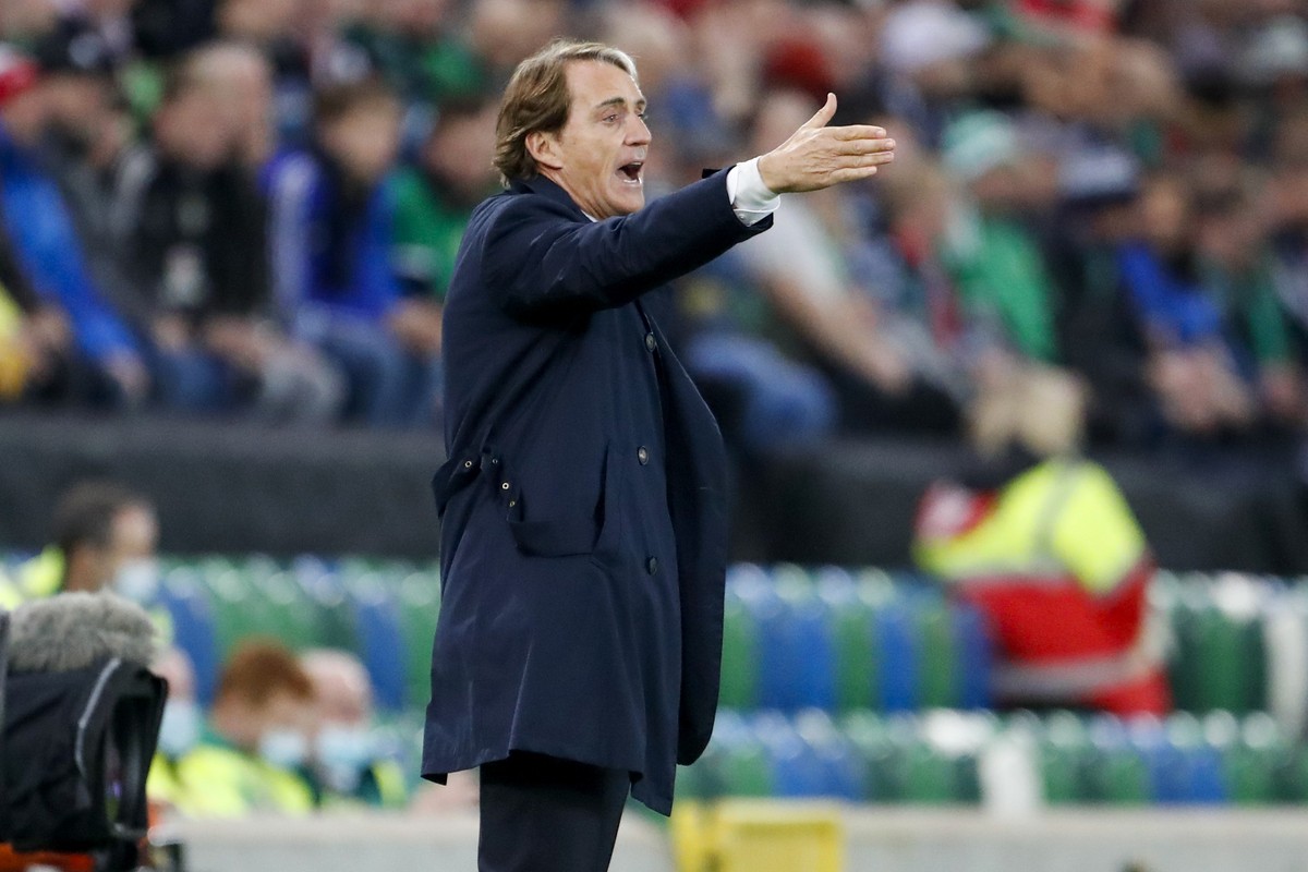 Italy's head coach Roberto Mancini gestures during the World Cup 2022 group C qualifying soccer match between Northern Ireland and Italy at Windsor Park stadium in Belfast, Northern Ireland, Mond ...
