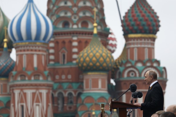 Russian President Vladimir Putin speaks during the Victory Day military parade marking 74 years since the victory in WWII in Red Square in Moscow, Russia, Thursday, May 9, 2019. (AP Photo/Alexander Ze ...
