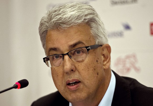 President of the Swiss Football League (SFL) Peter Stadelmann gives a press conference in Sao Paulo on July 2, 2014, the day after Switzerland&#039;s was defeated by Argentina during the 2014 FIFA Wor ...