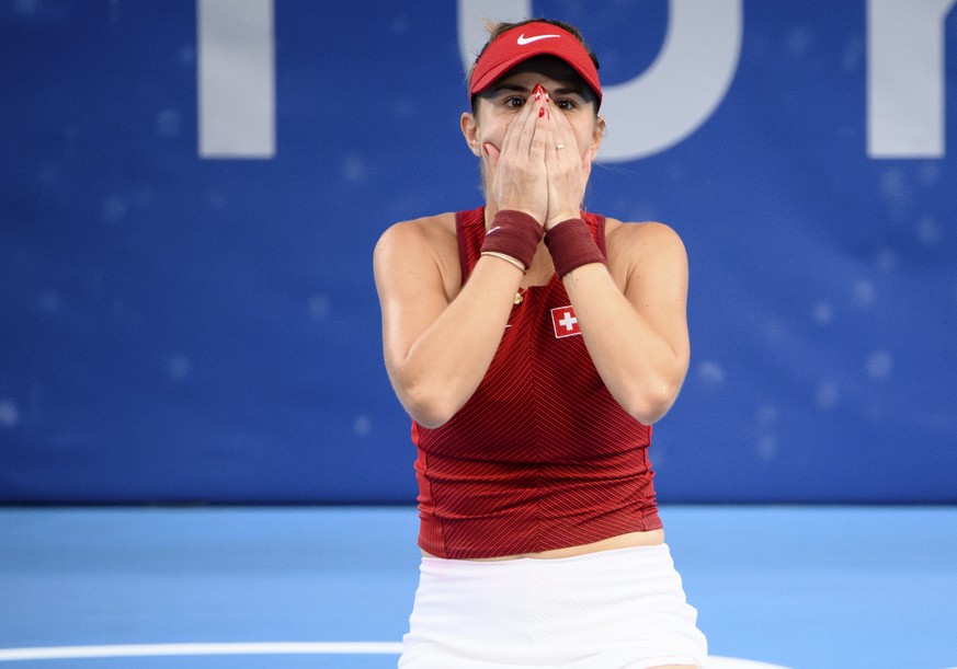 Belinda Bencic of Switzerland celebrates the winning against Elena Rybakina of Kazakhstan during the women&#039;s singles tennis semifinal at the 2020 Tokyo Summer Olympics in Tokyo, Japan, on Thursda ...