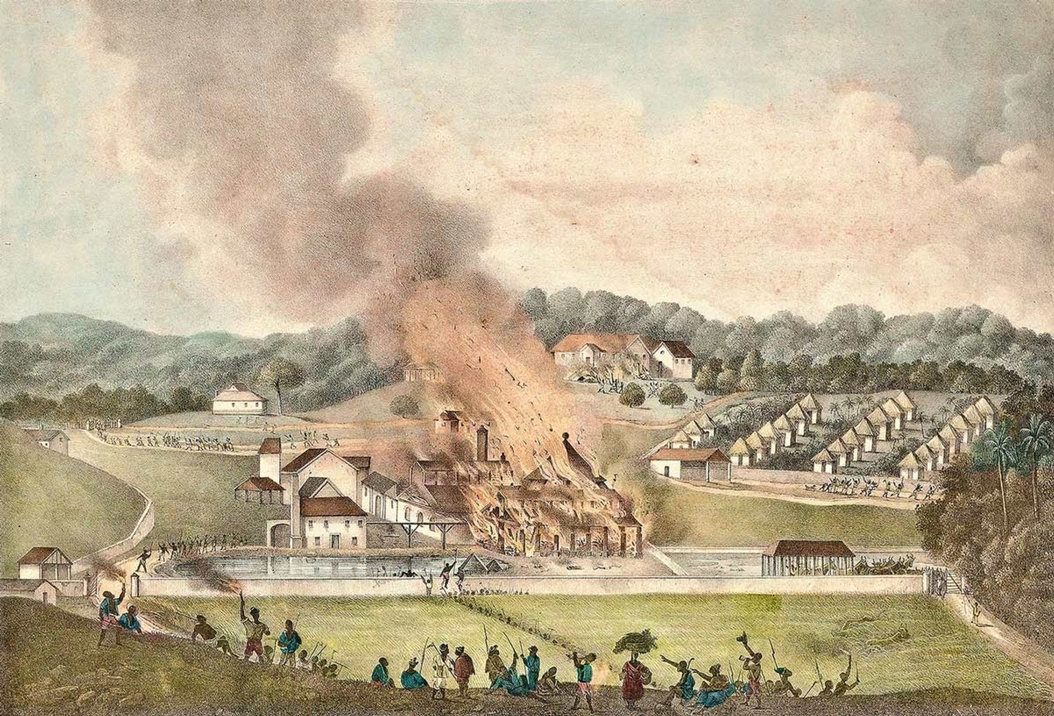 Die Zerstörung des Roehampton Estate in Jamaika im Januar 1832. Illustration von Adolphe Duperly aus dem Jahr 1833.
https://commons.wikimedia.org/wiki/File:Duperly_(1833)_Destruction_of_the_Roehampton ...