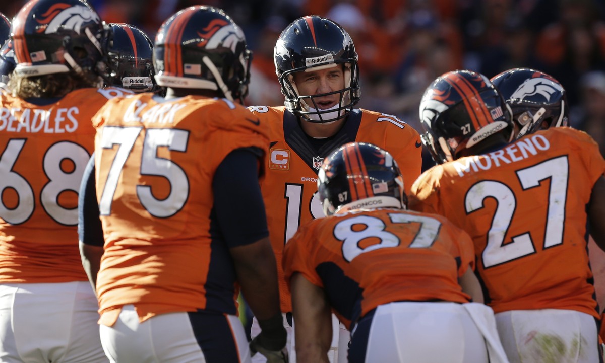 Das am meisten gezeigte Bild jeder Football-Übertragung: herumstehende Spieler, hier diejenigen der Denver Broncos.
