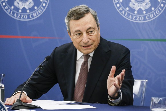 Italian Premier Mario Draghi speaks during a press conference at Chigi Palace, in Rome, Thursday, Sept. 2, 2021. Draghi says diplomats are trying to locate Afghans who fled overland from their homelan ...