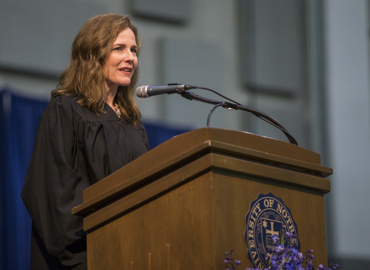 FILE - In this May 19, 2018, file photo, Amy Coney Barrett, United States Court of Appeals for the Seventh Circuit judge, speaks during the University of Notre Dame's Law School commencement cere ...