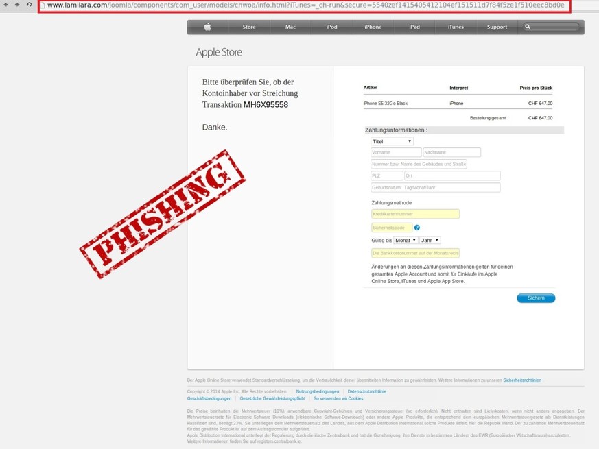 Anhand der Internetadresse nach dem www erkennt man, dass es sich um eine gefälschte Apple-Webseite handeln muss.&nbsp;