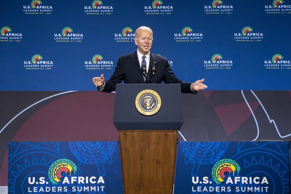 epa10365975 US President Joe Biden delivers remarks during the U.S. Africa Leaders Summit at the Walter E. Washington Convention Center in Washington, DC, USA, 14 December 2022. The U.S-Africa Leaders ...
