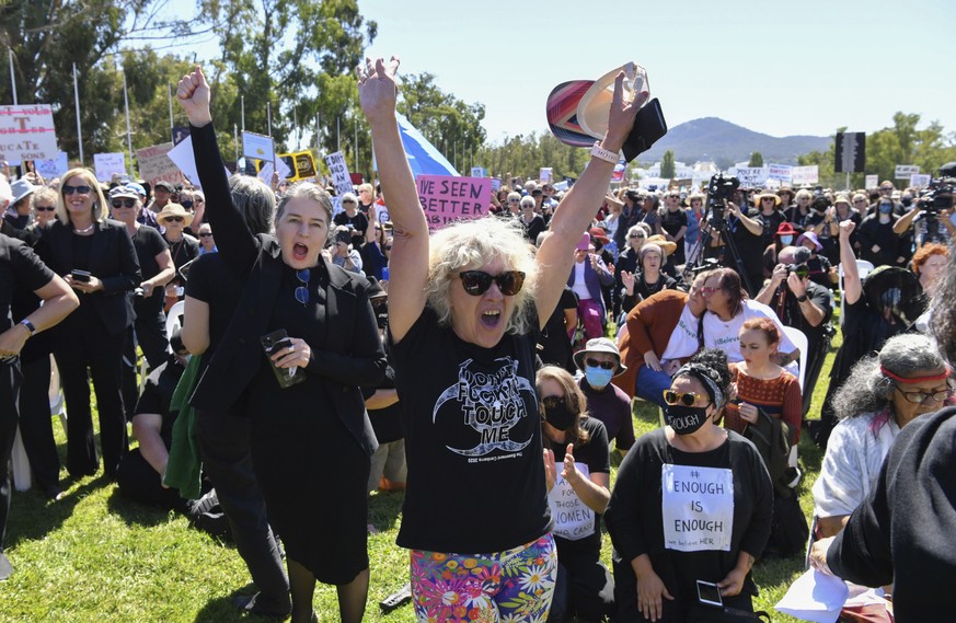 Protesters cheer during the Women&#039;s March 4 Justice in Canberra, Australia, Monday, March 15, 2021. The rally was one of several across Australia including in Sydney, Melbourne, Brisbane and Hoba ...