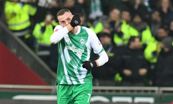 12.03.2023, Bremen: Fu�ball: Bundesliga, Werder Bremen - Bayer Leverkusen, 24. Spieltag, wohninvest Weserstadion. Werders Marvin Ducksch jubelt nach seinem Tor zum 1:0. Foto: Carmen Jaspersen/dpa - WI ...