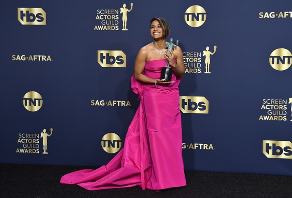 Ariana DeBose, winner of the award for outstanding performance by a female actor in a supporting role for &quot;West Side Story,&quot; poses in the press room at the 28th annual Screen Actors Guild Aw ...