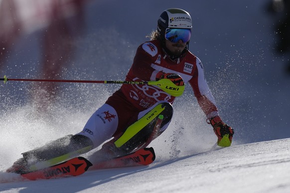 Austria's Manuel Wieler competes during the men's World Cup slalom event Sunday, February 25, 2024, in Olympic Valley, California.  (AP Photo/John Lusher)