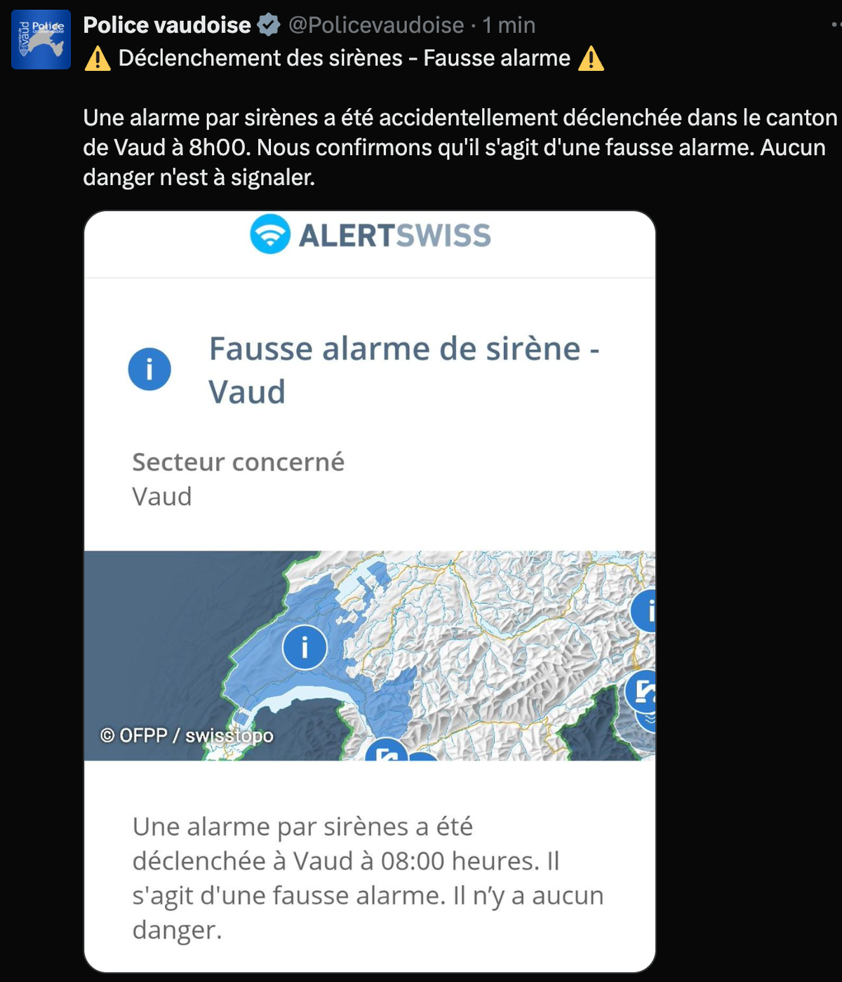Fausse alarme de sirène, Vaud.