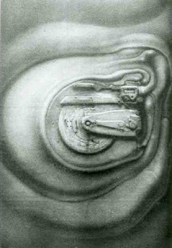 Hans Ruedi Giger: Ohne Titel (1972/73), Buchdruck-Rotationsverfahren (Offset-Lithographie auf Zeitungspapier).