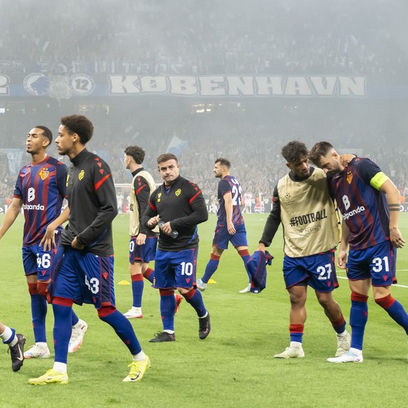 KEYPIX - Basel&#039;s disappointed players after the UEFA Champions League play-off second leg match between Denmark&#039;s F.C. Copenhagen and Switzerland&#039;s FC Basel 1893 at the Parken stadium i ...