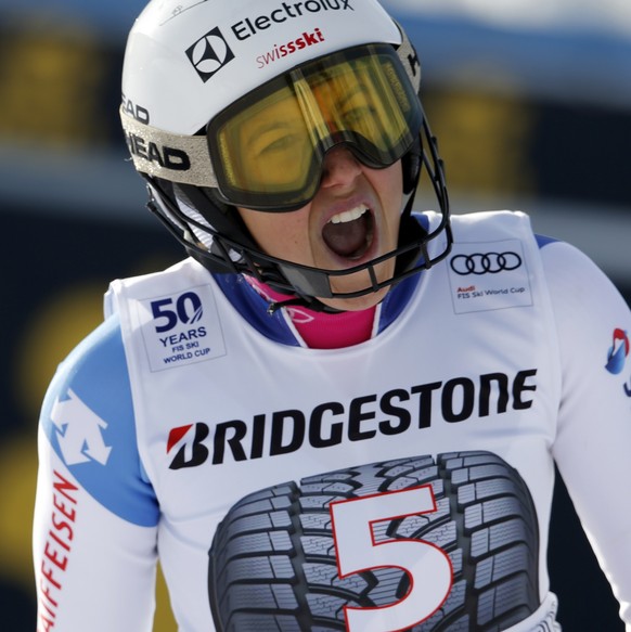 Switzerland&#039;s Wendy Holdener shouts after completing an alpine ski, women&#039;s World Cup slalom, in Sestriere, Italy, Sunday, Dec. 11, 2016. (AP Photo/Marco Trovati)