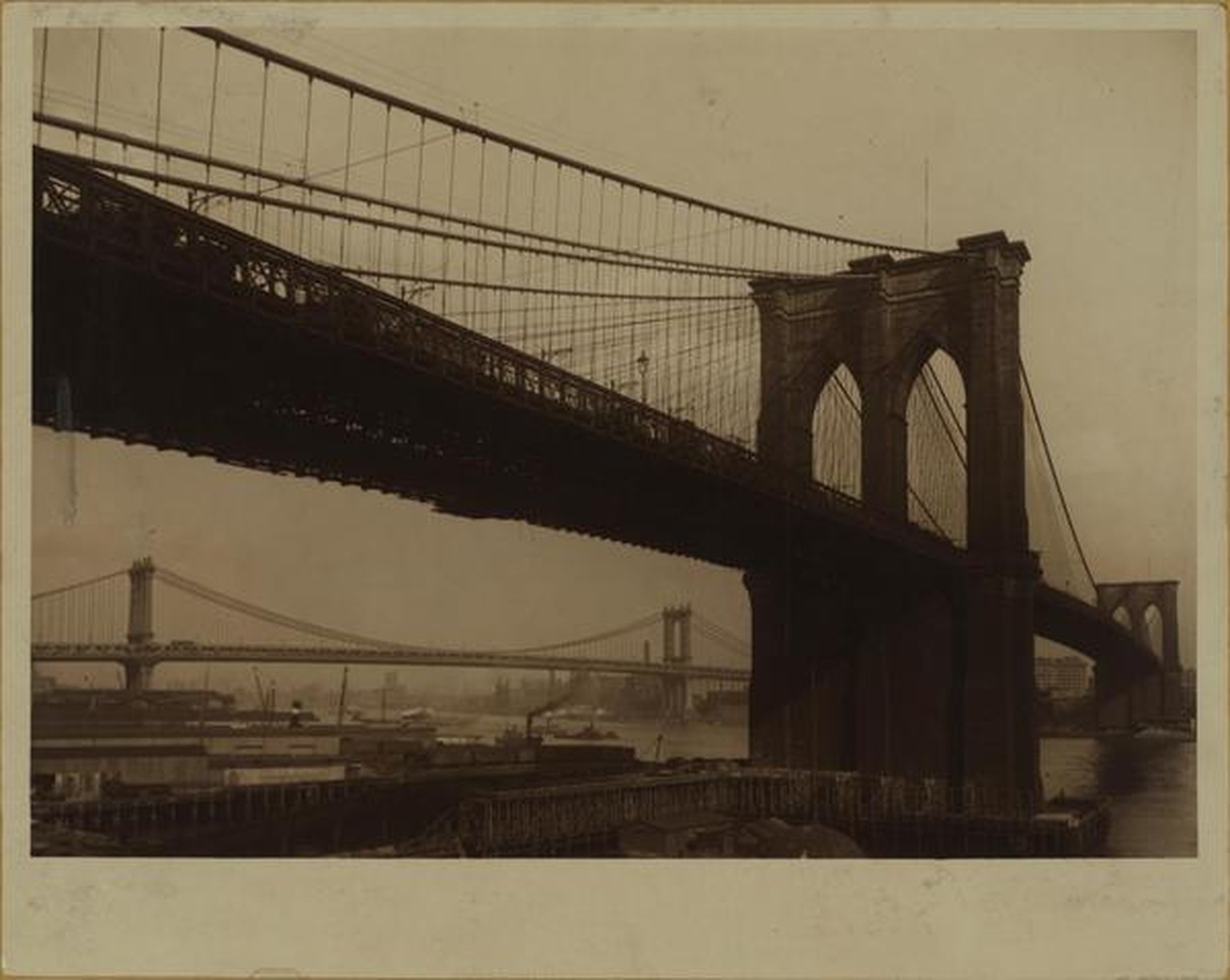 1924: View of the Brooklyn Bridge looking toward Manhattan.