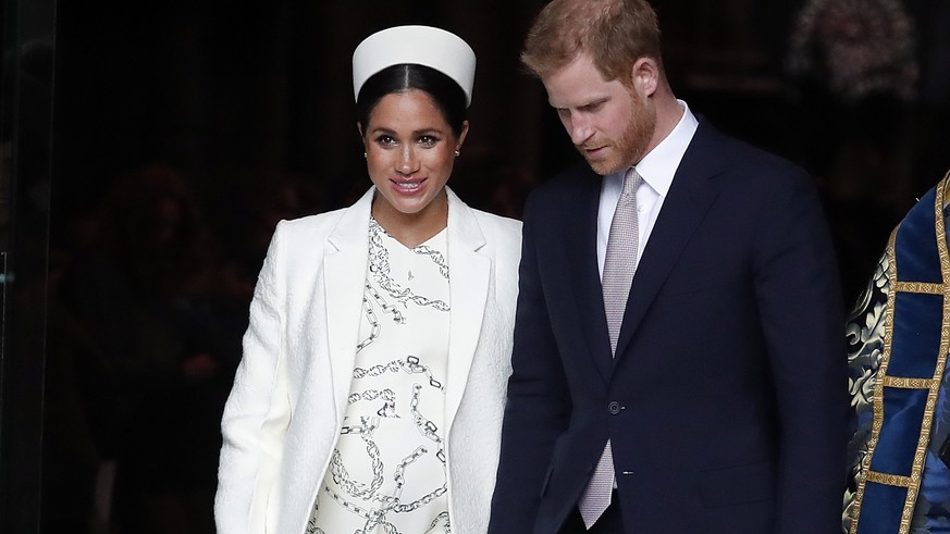 FILE - This March 11, 2019 file photo shows Meghan, the Duchess of Sussex and Britain&#039;s Prince Harry leave after attending the Commonwealth Service at Westminster Abbey on Commonwealth Day in Lon ...