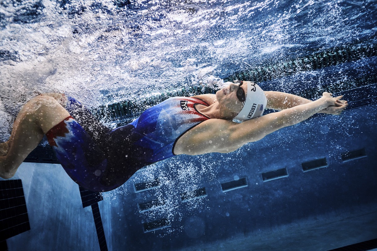 This undated handout provided by TYR shows American swimmer Katie Ledecky wearing TYR's Venzo swimsuit. (TYR via AP)