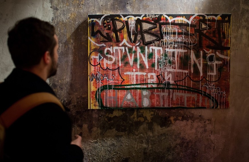 epa05167040 A visitor looks at an artwork by Swiss graffiti artist &#039;Puber&#039; during the opening party of the exhibition &#039;Staatsfeind Nr.1&#039; (Public Enemy No.1) at Ho Gallery in Vienna ...