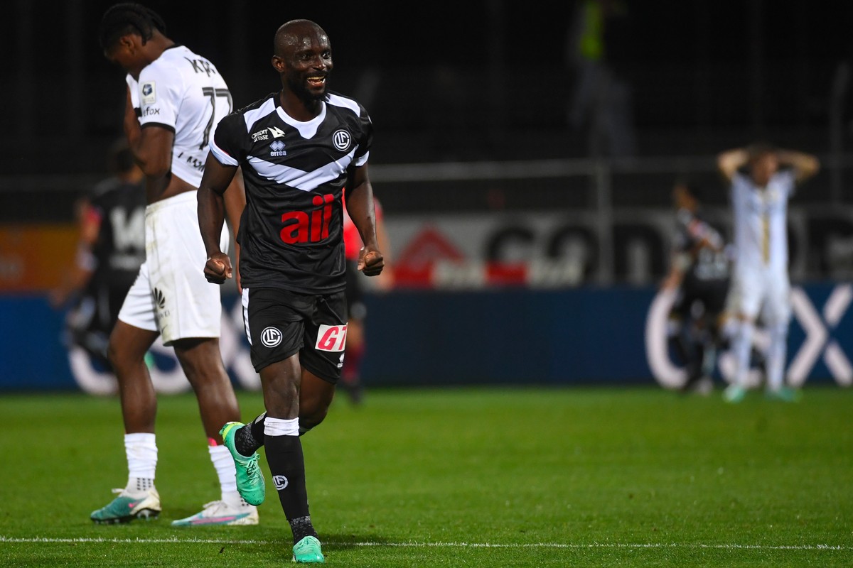 Lugano's player Ousmane Doumbia celebrate the 1 - 0 goal, during the Super League soccer match FC Lugano against BSC Young Boys, at the Cornaredo Stadium in Lugano, Thursday, May 25, 2023. .(KEYS ...