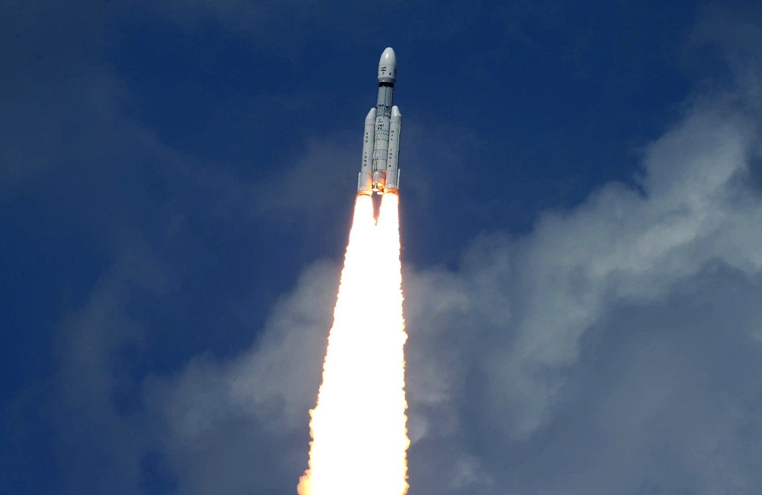 epa10746169 A handout photo made available by the Indian Space Research Organisation (ISRO) of its Chandrayaan-3 (Moon Vehicle-3) lifting off from the Launch Vehicle Mark-III Mission 4 (LVM3 M4), at t ...