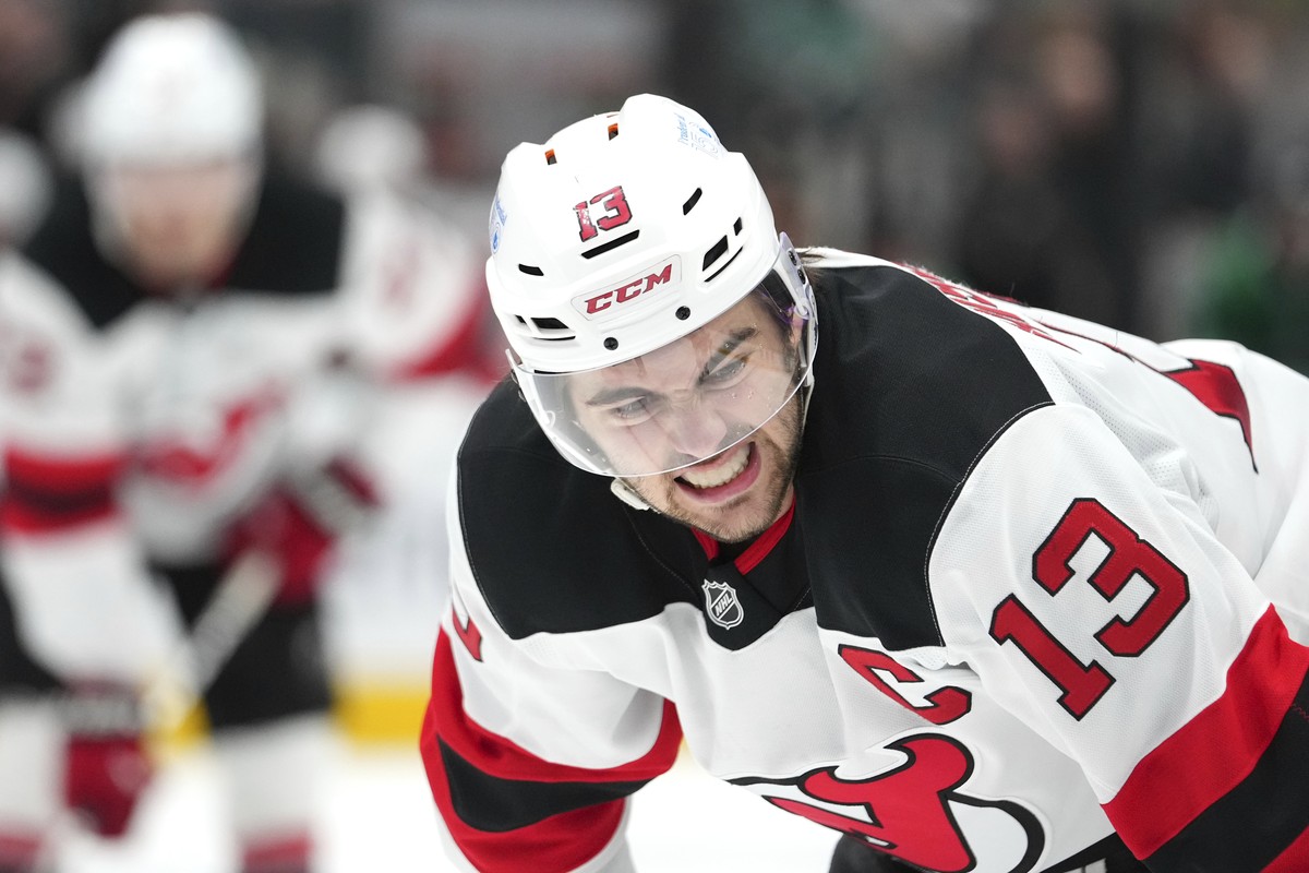 New Jersey Devils center Nico Hischier reacts before the puck drop against the Dallas Stars during the second period of an NHL hockey game Tuesday, March 4, 2025, in Dallas. (AP Photo/Julio Cortez)
De ...