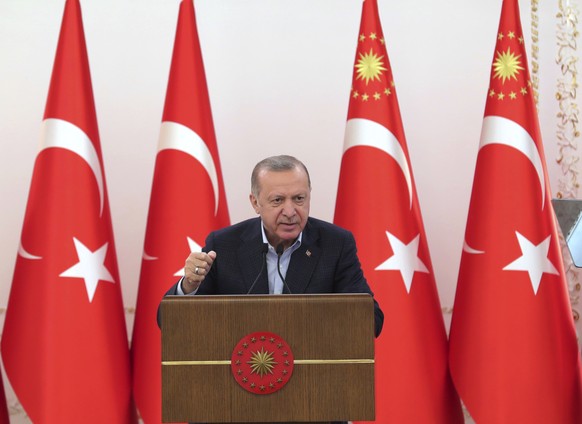 Turkey&#039;s President Recep Tayyip Erdogan speaks during an event in Ankara, Turkey, Saturday, May 8, 2021. In a speech after the breaking of Ramadan fast late Saturday, Erdogan, has strongly condem ...