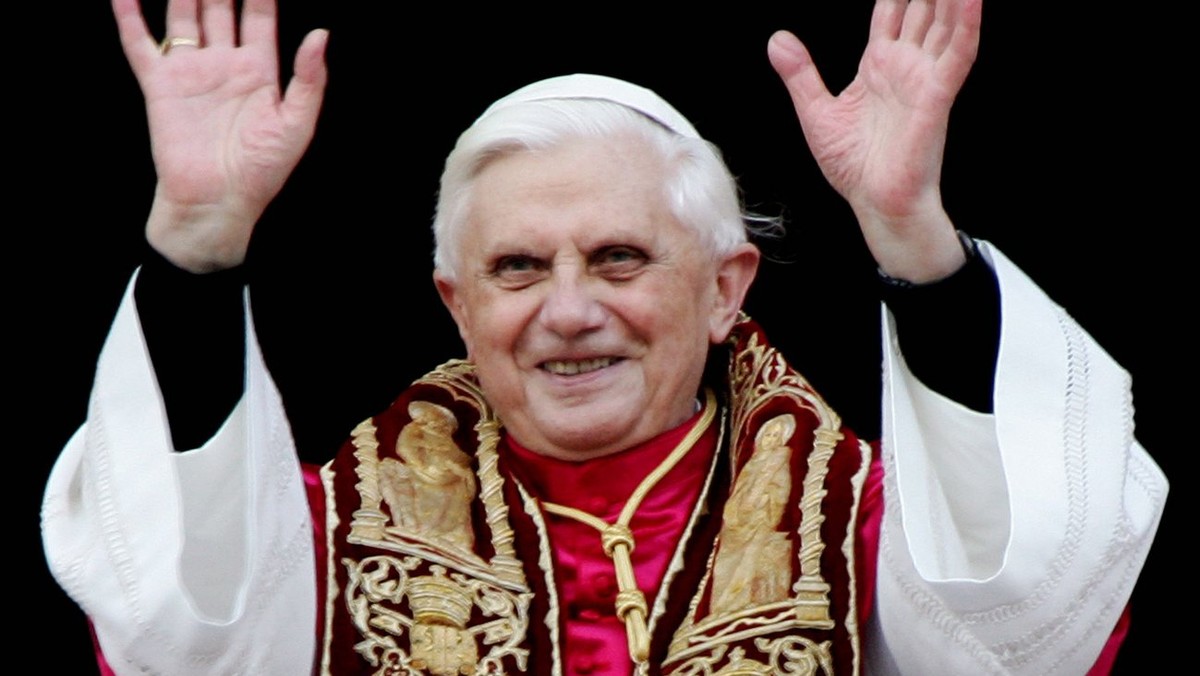 A photograph dated 19 April 2005 showing the newly elected Pope Benedict XVI as he greets pilgrims while standing on the balcony of Saint Peter's Basilica, in the Vatican, after his election. Car ...